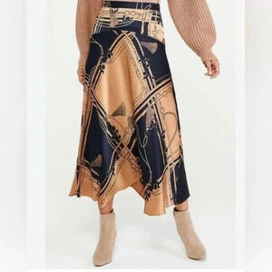 Ann Taylor Navy/Gold Equestrian Midi Silk Satin Feel A-Line Skirt Women’s 2 NWOT